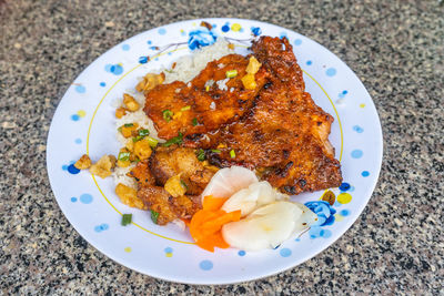 High angle view of food in plate on table