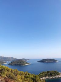 Scenic view of sea against clear blue sky