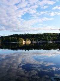 Scenic view of calm lake against cloudy sky