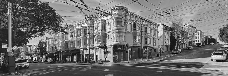 Panoramic view of city street and buildings against sky