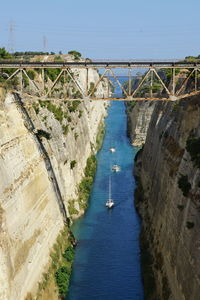 High angle view of bridge over channel of corinth, which three sailing ships are passing in a row