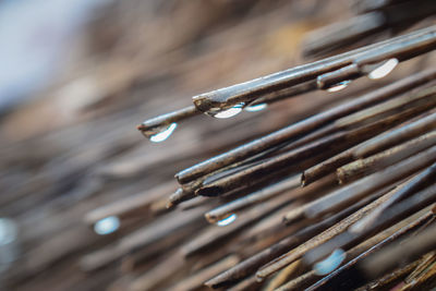 High angle view of water drops on metal