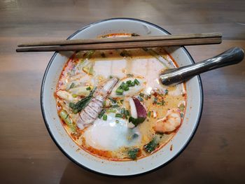 High angle view of food in bowl on table