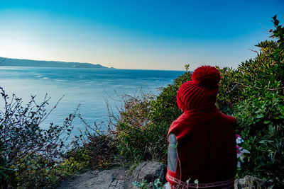 Rear view of man looking at sea against sky