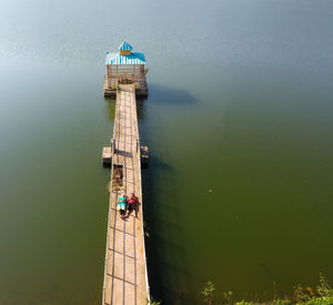High angle view of lighthouse against blue sky