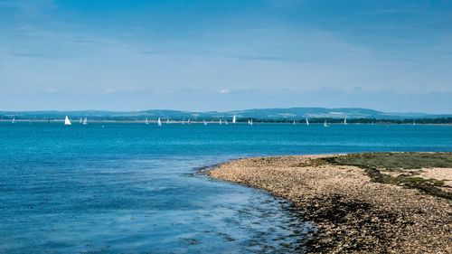 Scenic view of sea against blue sky