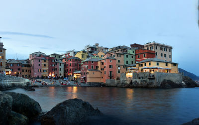 Beautiful night cityscape in genova,italy, with the ancient borgo called boccadasse.