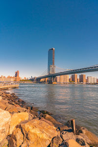 Bridge over river against clear blue sky