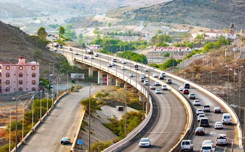 High angle view of cars on road in city