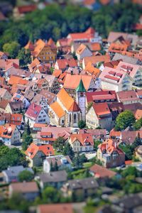 High angle view of houses and buildings in town