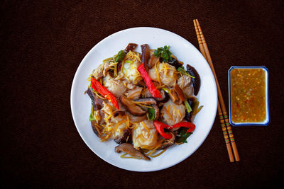 High angle view of food served on table