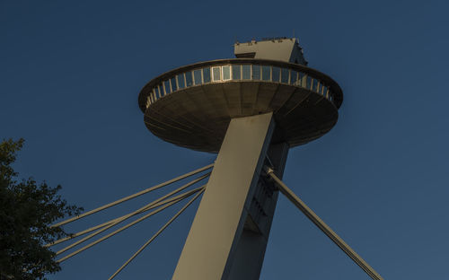 Low angle view of crane against clear blue sky