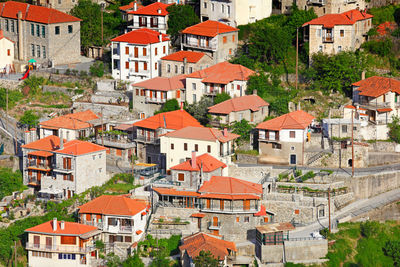 High angle view of old buildings in town