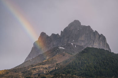 Low angle view of rainbow over mountains against sky