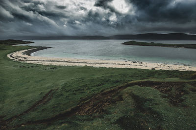 Scenic view of sea against storm clouds