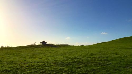 Scenic view of grassy field against cloudy sky