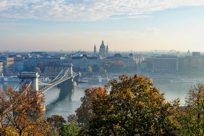 View of cityscape and river against sky