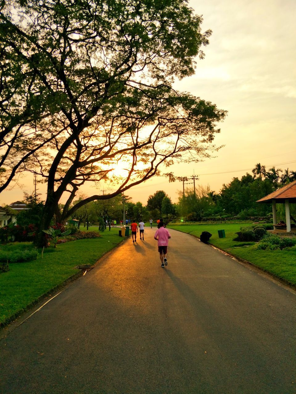 REAR VIEW OF PEOPLE WALKING ON ROAD IN CITY DURING SUNSET