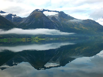 Scenic view of lake and mountains against sky