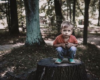 Full length of boy crouching on tree stump in forest