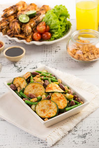 High angle view of salad in bowl on table