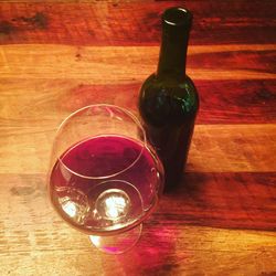 High angle view of beer bottle on table