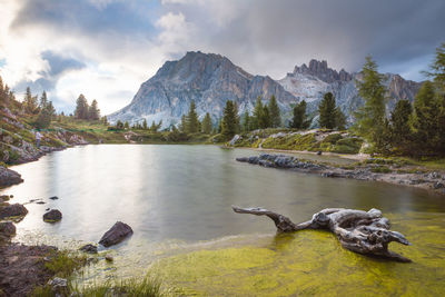 Scenic view of lake and mountains against sky