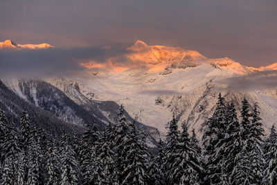 Scenic view of snowcapped mountains against sky during sunset