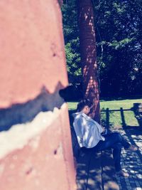 Woman sitting on bench by tree