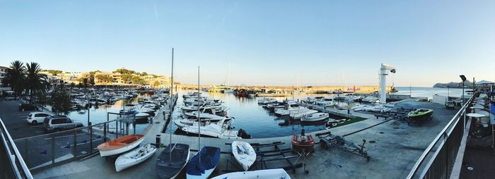 High angle view of boats moored at harbor