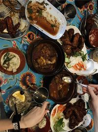 High angle view of people having food