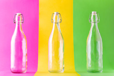 Close-up of glass bottle against colored background