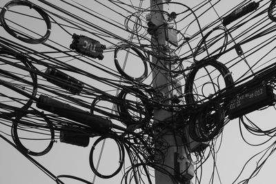 Low angle view of electricity pylon against sky