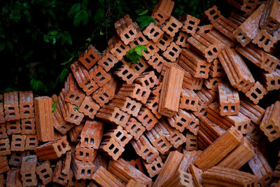 High angle view of carvings on wood