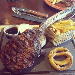 High angle view of food in plate on table