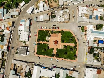 High angle view of street and buildings in town