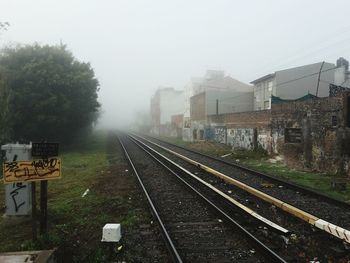 Railroad tracks amidst buildings in city against sky