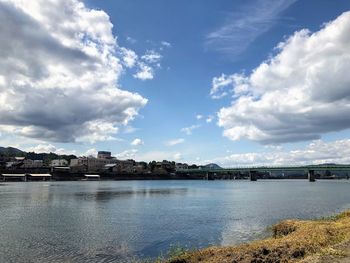 View of townscape by sea against sky