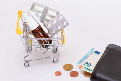 Close-up of miniature shopping cart against white background