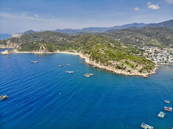 High angle view of sailboats in sea