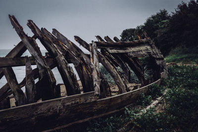 Abandoned boat against trees on sunny day