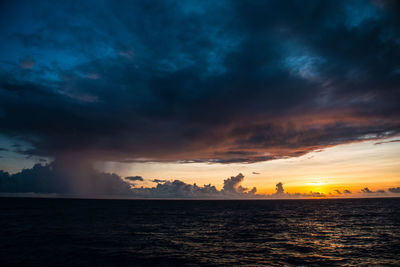 Scenic view of sea against cloudy sky during sunset