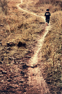 Rear view of man walking on field
