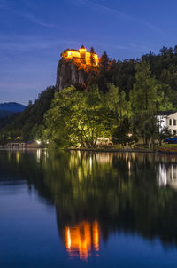 Scenic view of lake by building against sky