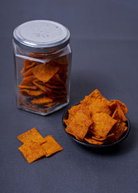 High angle view of cookies in jar on table