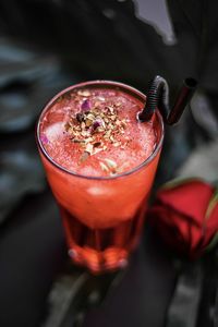 High angle view of drink on table