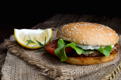 Close-up of burger in container