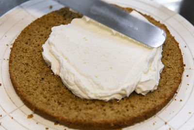 High angle view of cake slice in plate