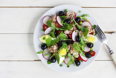 High angle view of fruits in bowl on table