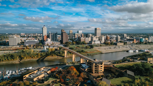 High angle view of buildings in city against sky